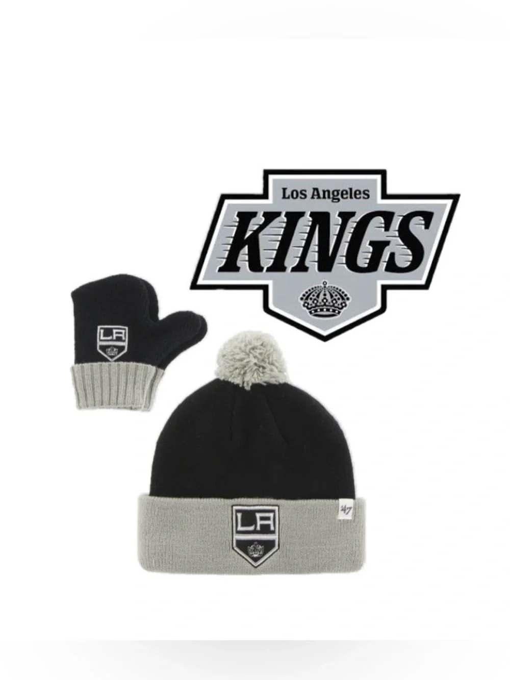 NWT [‘47] LA Kings 👑 NHL Team Knit Beanie Winter Hat & Mittens Set Black, Infant